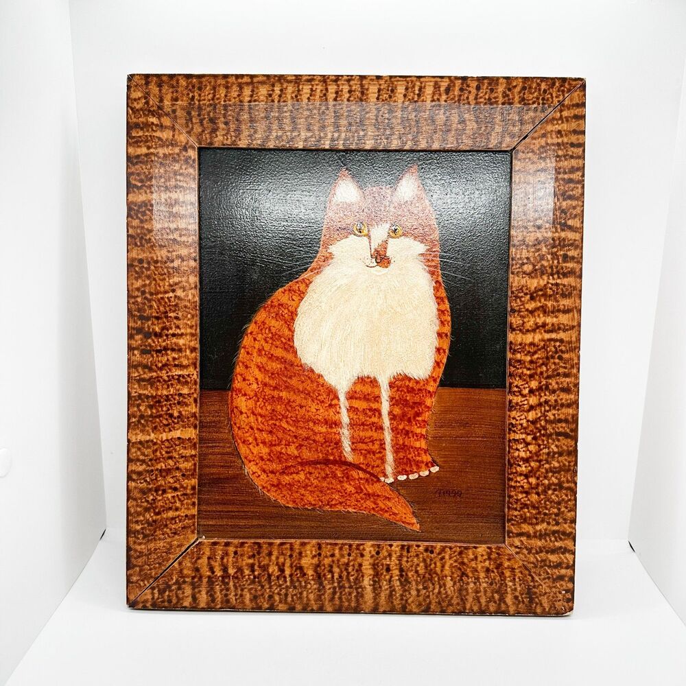 Vintage Orange Cat Painting Wood Framed Cottagecore Art
